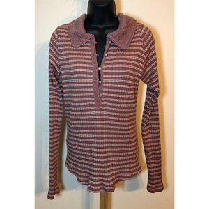 Free People Delilah Henley Top in Rust sz M Long Sleeve Crochet Collar Boho